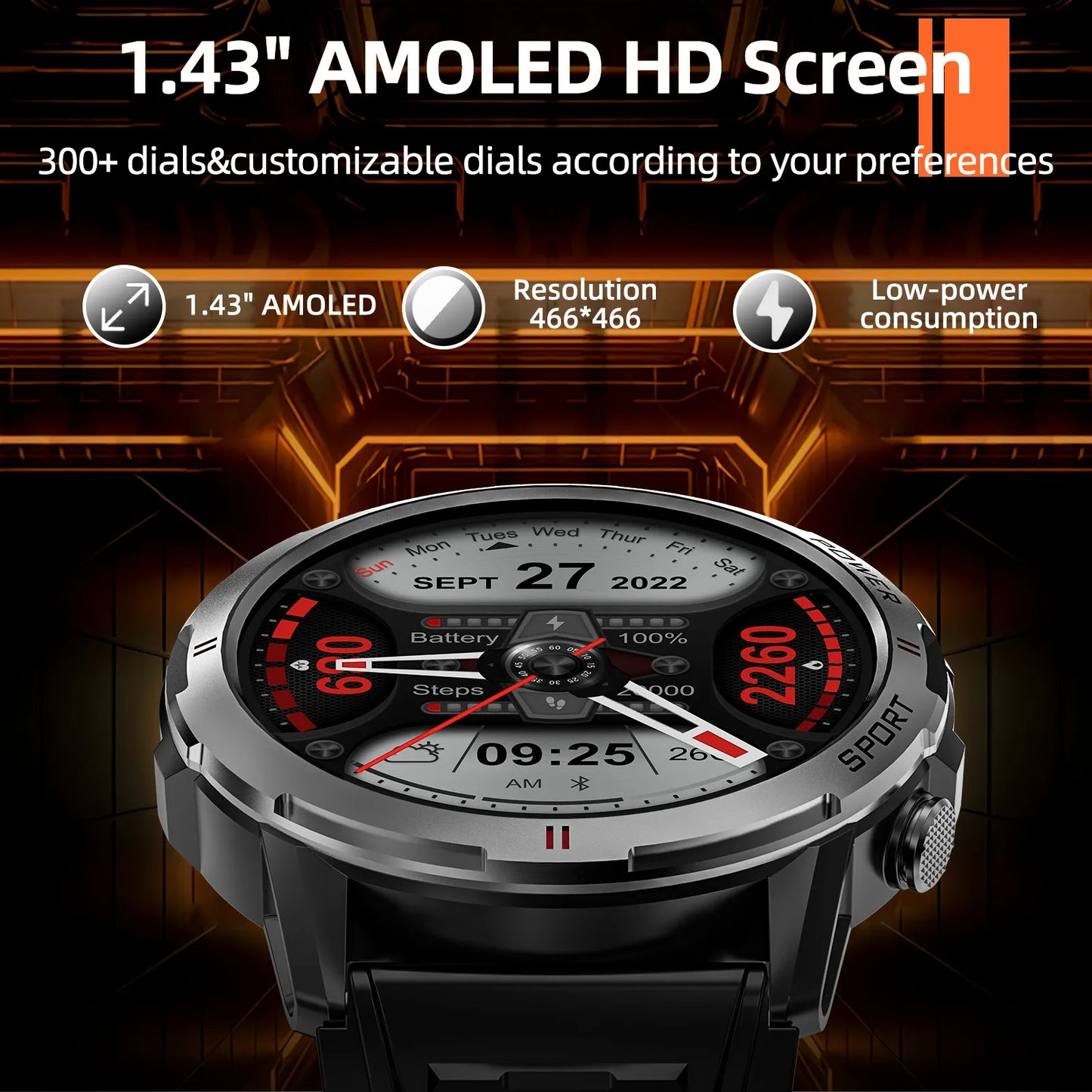 Smart Watch 1.43'' AMOLED Screen BT Calling Sport Smartwatch/Heart Rate Monitoring 400amh Men Exercise Wristband