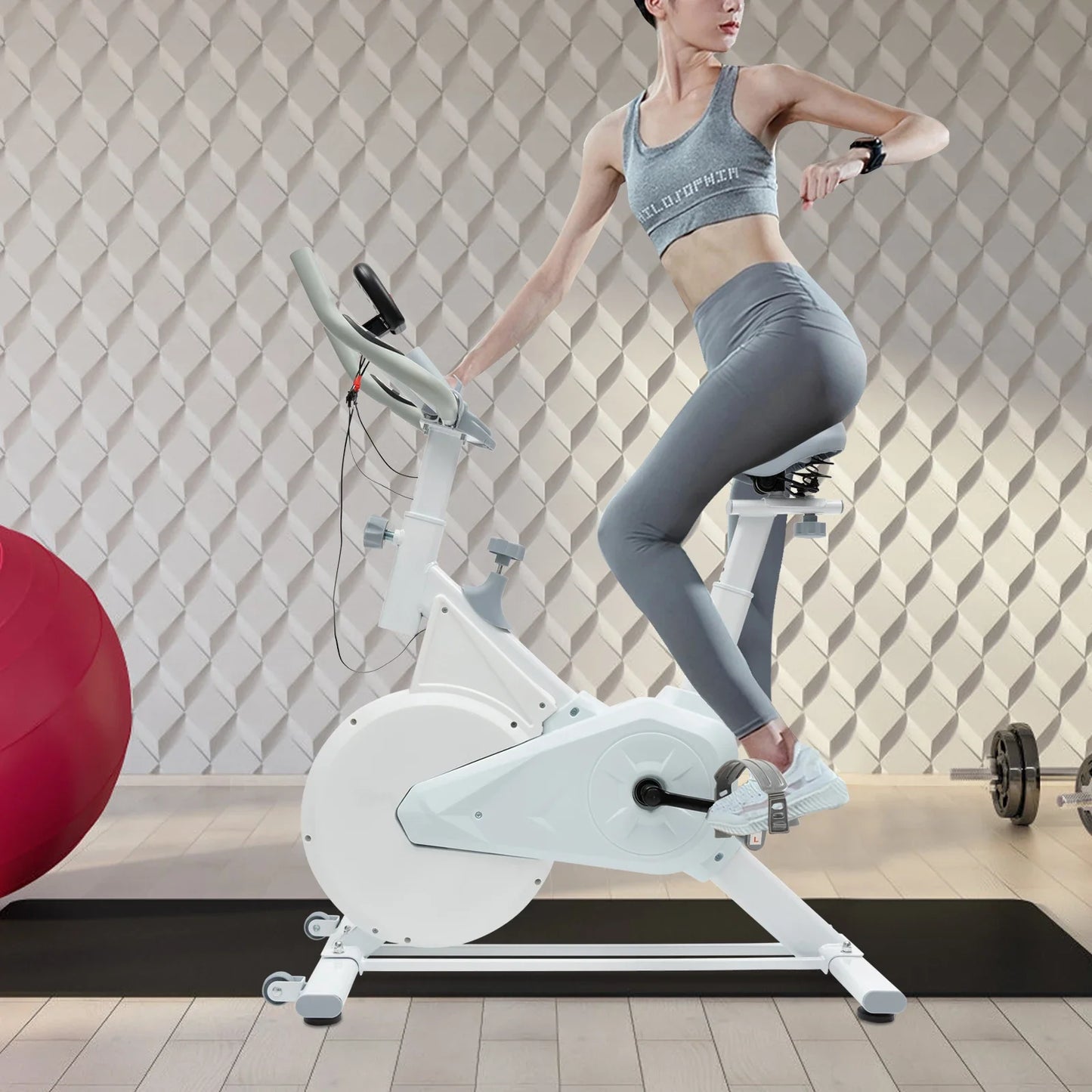 Indoor Fitness Bike White Exercise Bike Wool Pad Silent Braking/Adjustable Seat/Handle LCD Display, 80kg Capacity