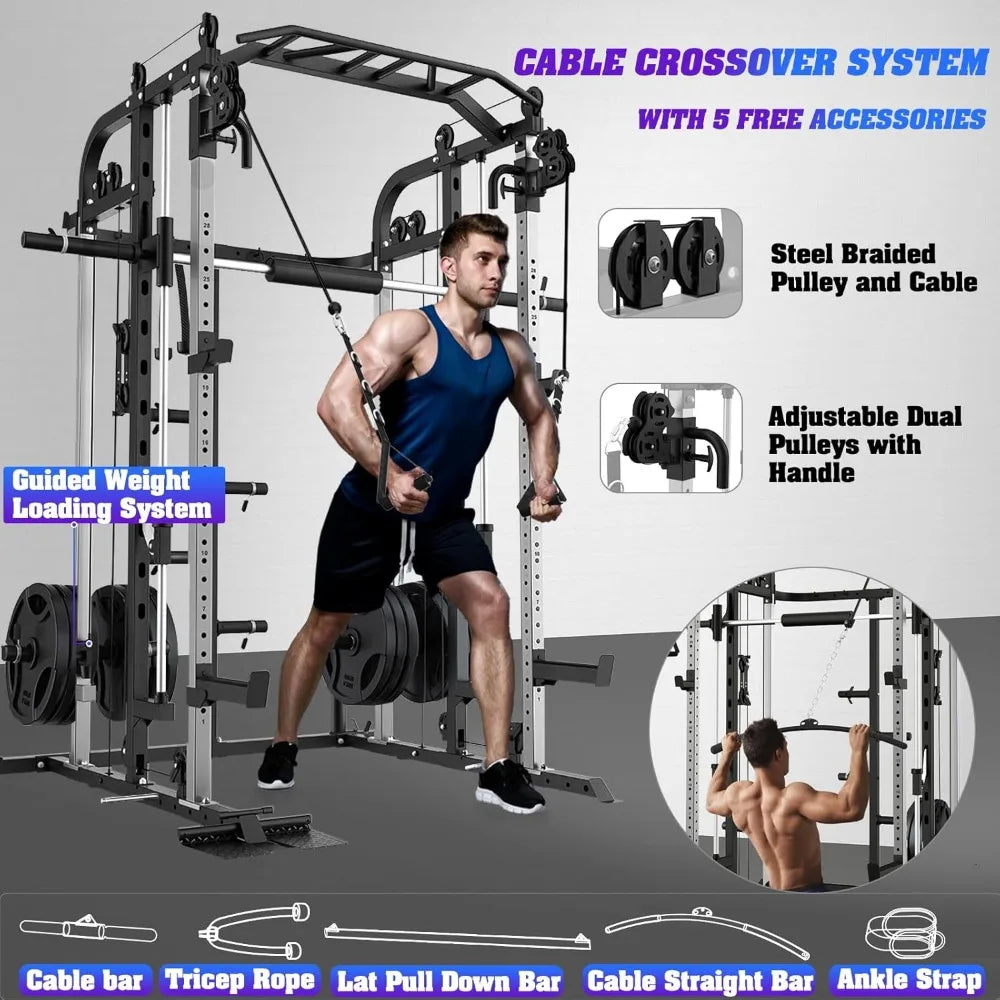 Multifunctional Power Cage Rack with Smith Bar and Cable Pulley System/and LAT Pull Down Machine, Integrated Fitness Equipment