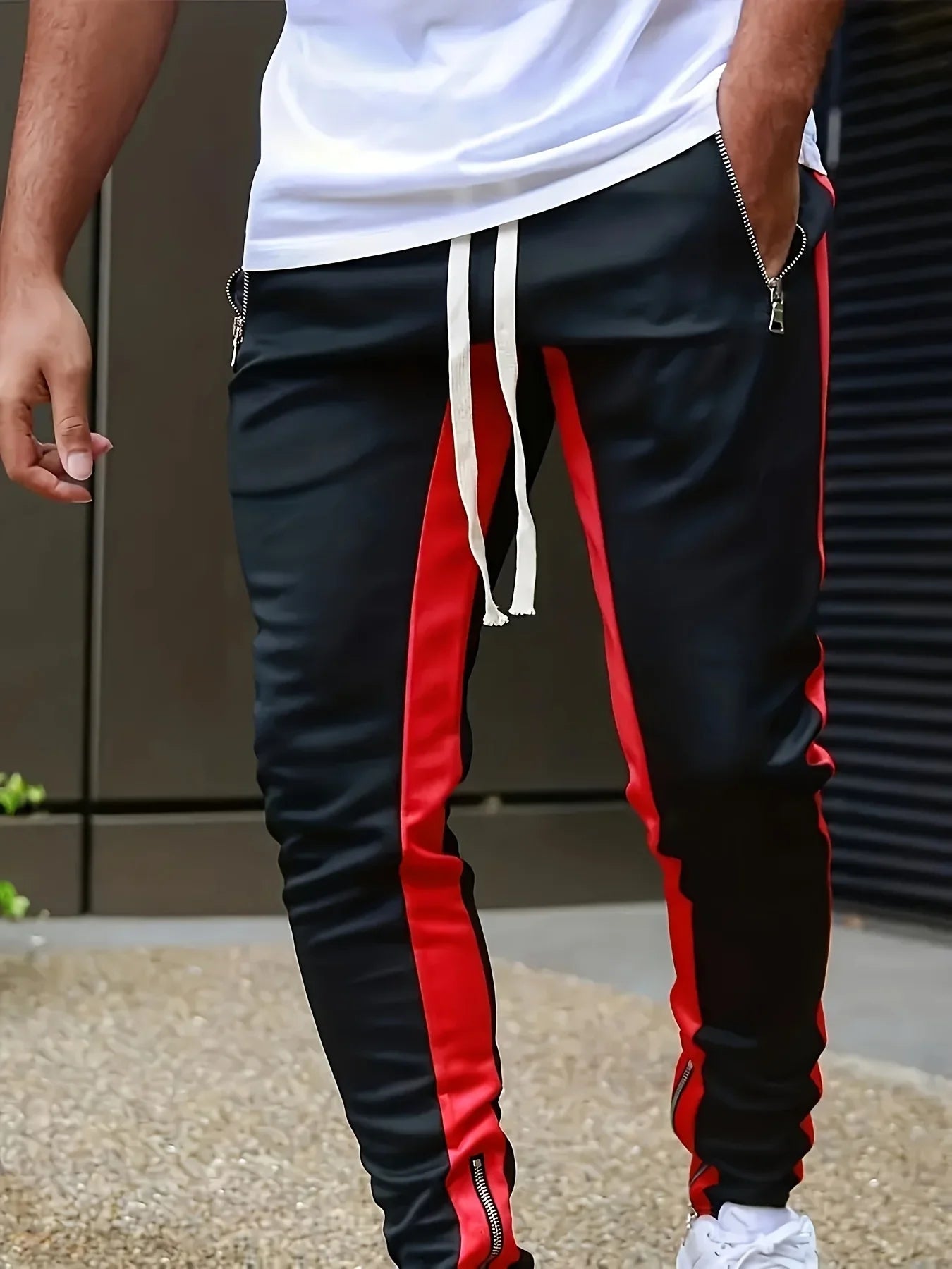 Men Sweatpants Jogging Pants Men Casual Pants Men Stylish Color Block/Zip Pockets Drawstring Sports Skinny Pants Trousers Pants