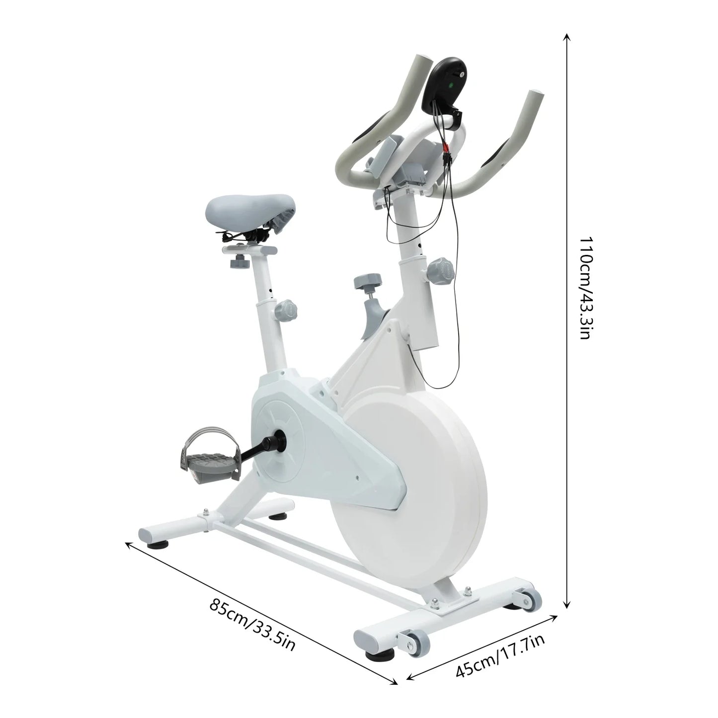 Indoor Fitness Bike White Exercise Bike Wool Pad Silent Braking/Adjustable Seat/Handle LCD Display, 80kg Capacity