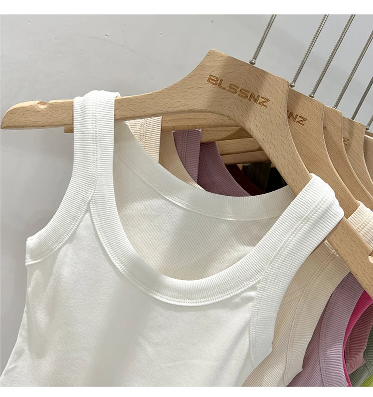 zjaiss Women Solid Round Neck Ribbed Tank Top Camisole Women/Summer Basic Elastic Tank Top O Neck Solid Tank Top