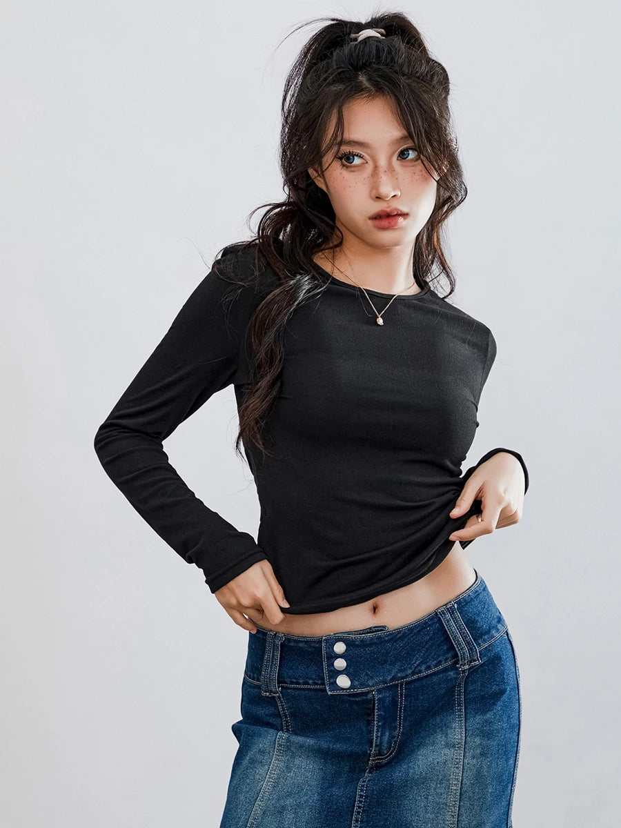 Women T-shirt Long Sleeve Crew Neck Solid Color Fit Ladies Fall Tops Streetwear Women's T Shirt