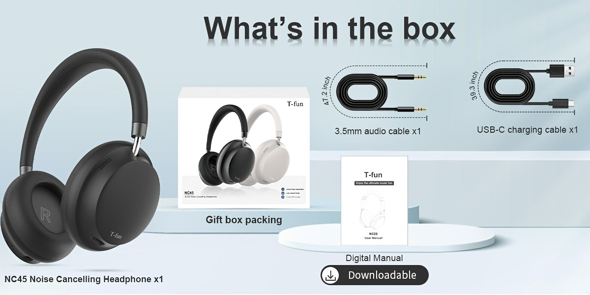 APP T-fun NC45 Bluetooth Active Noise Cancelling Headphones/Comfortable Wireless Over Ear Headphones with Mic, Hi-Res Audio,