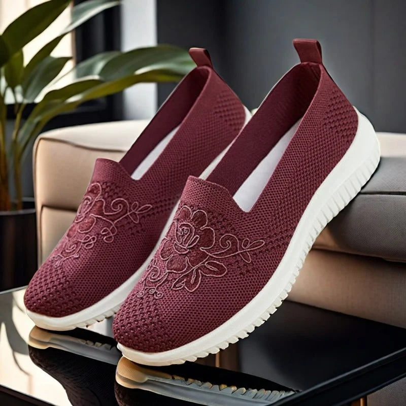 Women's Slip-On Knit Mesh Loafers Lightweight and Comfortable/Breathable Mesh Walking Shoe Casual Embroidered Flat Loafers