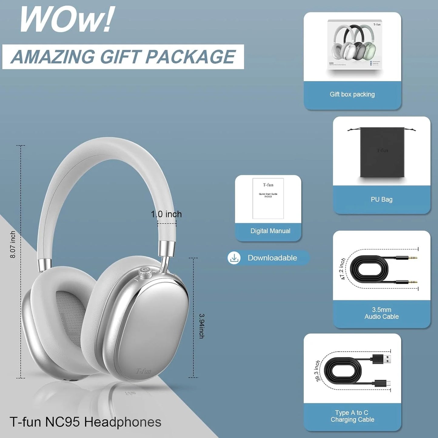 Bluetooth T-fun NC95 Hybrid Active Noise Cancelling Headphones/Built-in Mic 65H Playtime App Control Hi-Res Audio