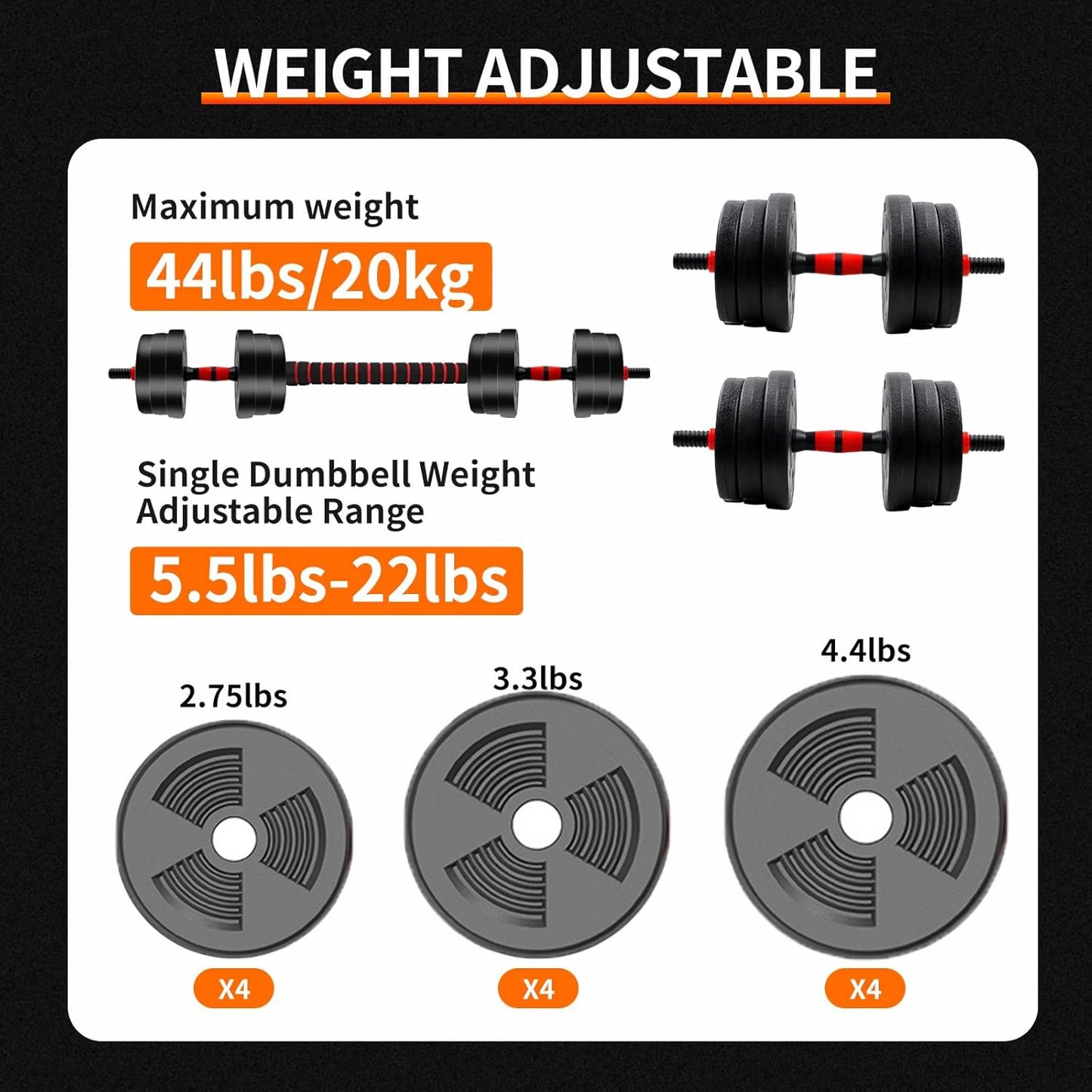 5-44lbs Adjustable Dumbbell to Barbell Set Anti-Slip Grip Versatile Home Gym/Fitness Strength Training Barbell Weight Plates