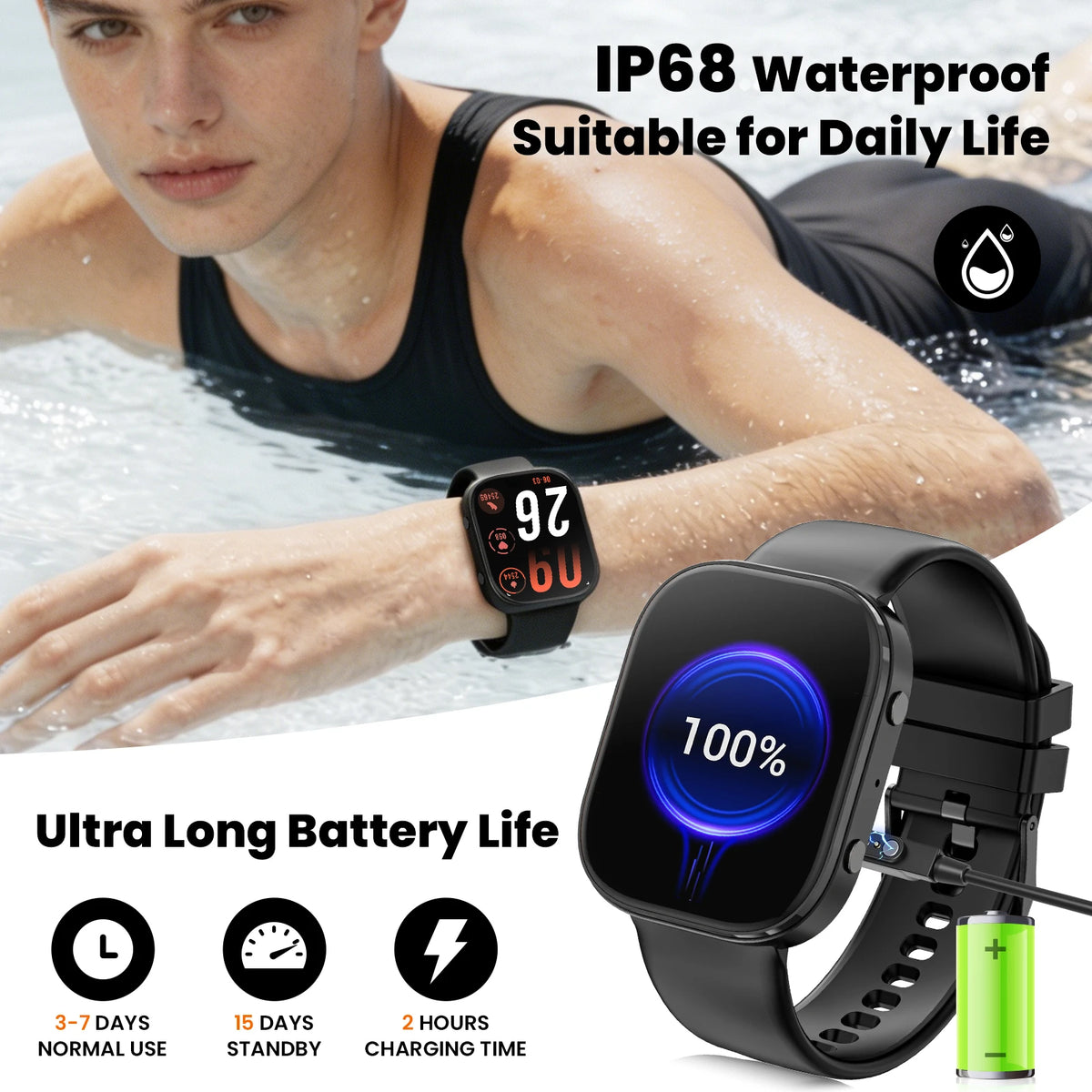 Y2 Smart Watch Bluetooth Call 1.88" TFT Screen IP67 Waterproof/Fitness Watch Heart Rate Blood Oxygen Monitor