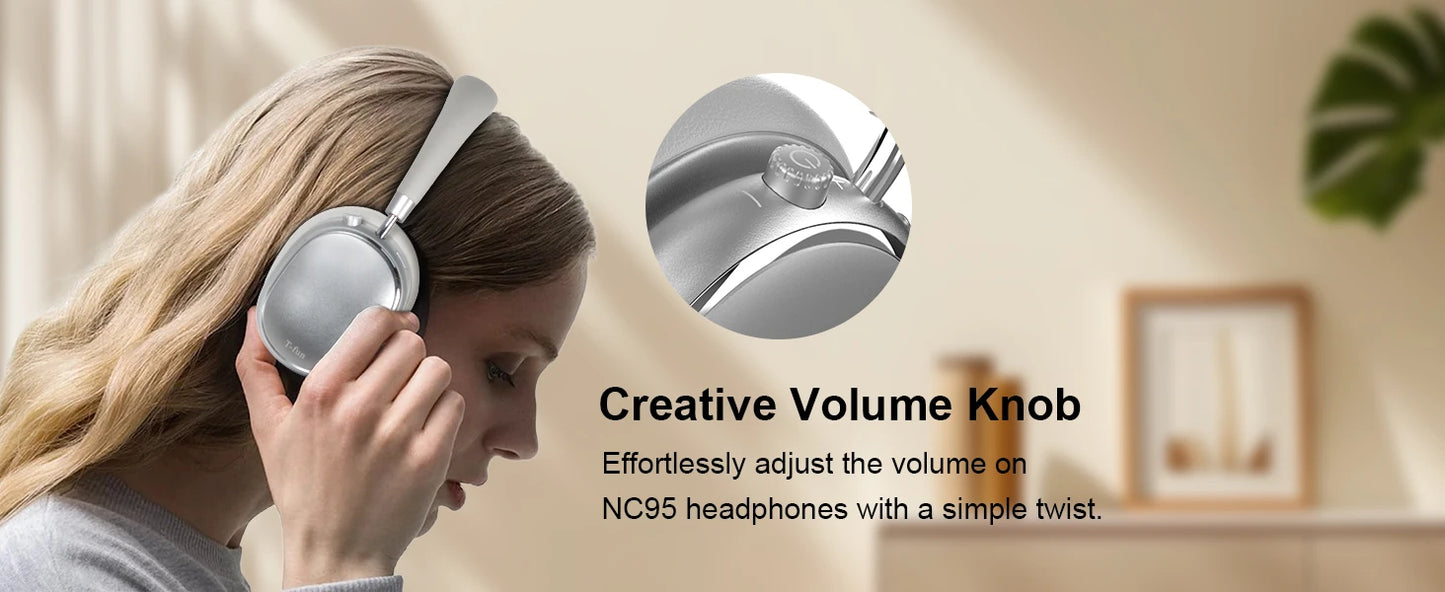 Bluetooth T-fun NC95 Hybrid Active Noise Cancelling Headphones/Built-in Mic 65H Playtime App Control Hi-Res Audio