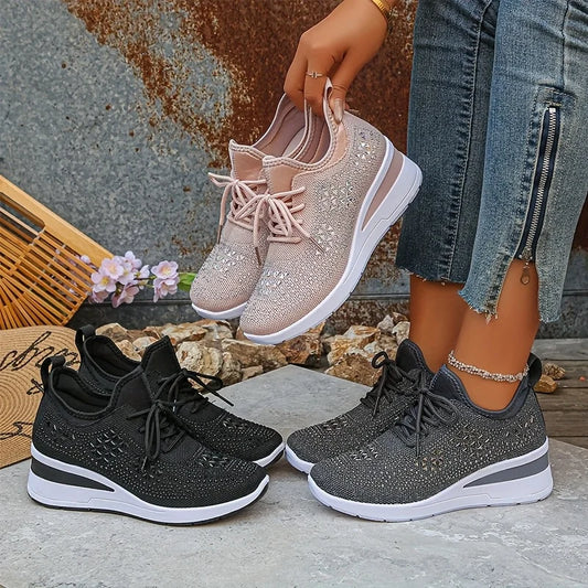 Water Diamond Thick Sole Casual Sports Women's Shoes/with Flowing Fabric Surface Breathable and Versatile Height Increasing Shoes