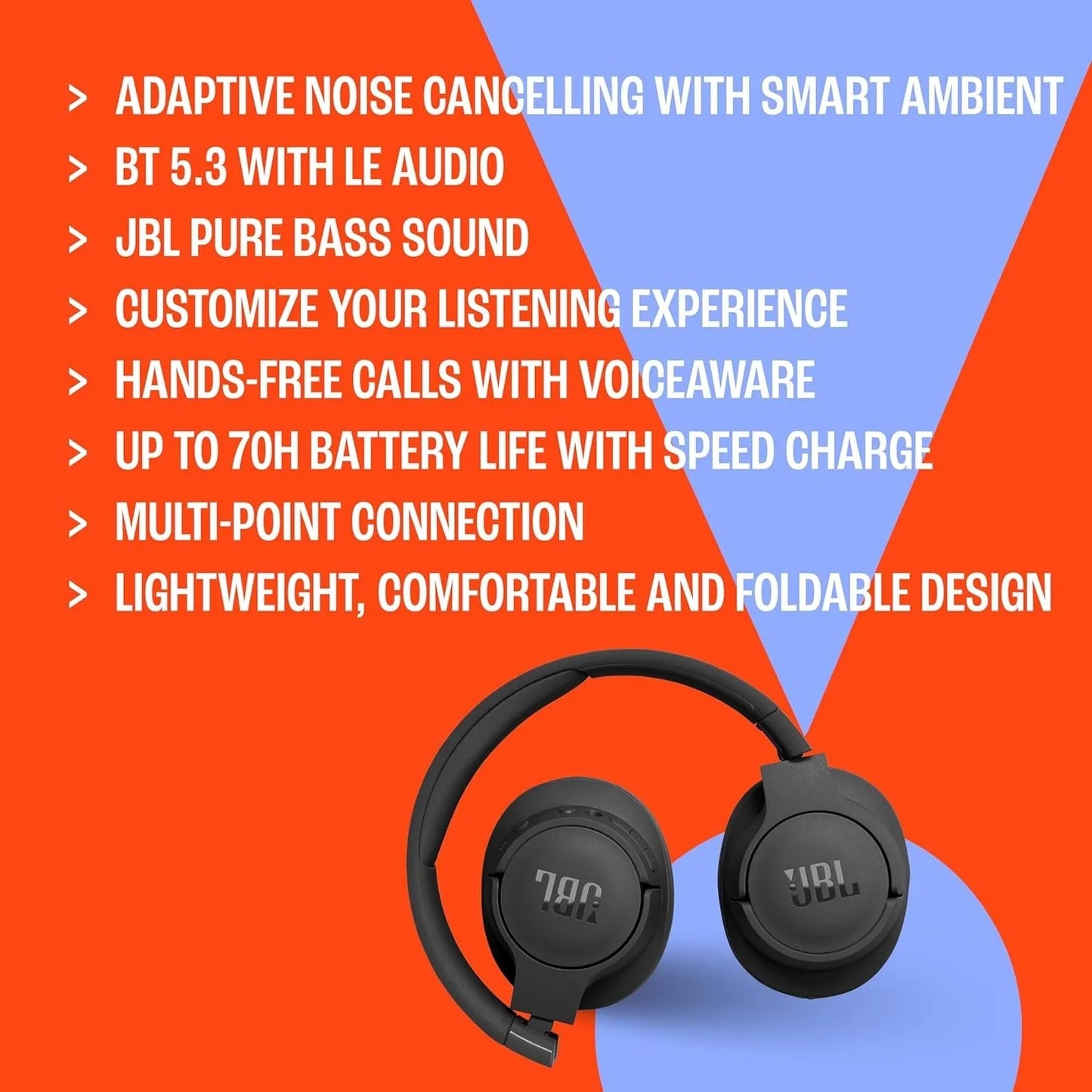 JBL Tune 770NC Wireless Over-Ear Headphones/with Adaptive Noise Cancelling Smart Ambient, Bluetooth 5.3, Purple