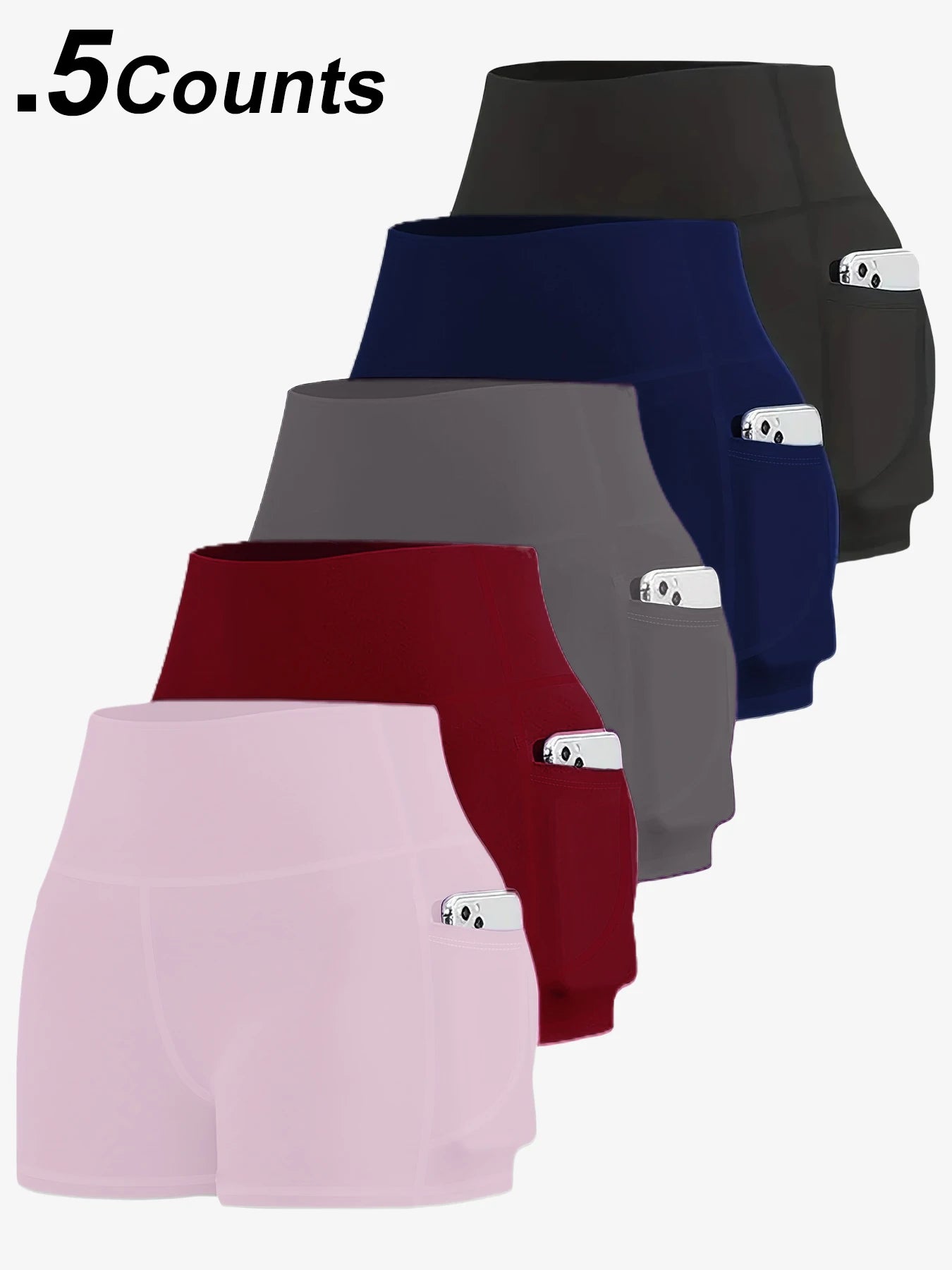 5PCS Women's Back To School High Waist Pocket Sports Shorts/Solid Cycling Shorts with Phone Pockets Gym Shorts High Stretch