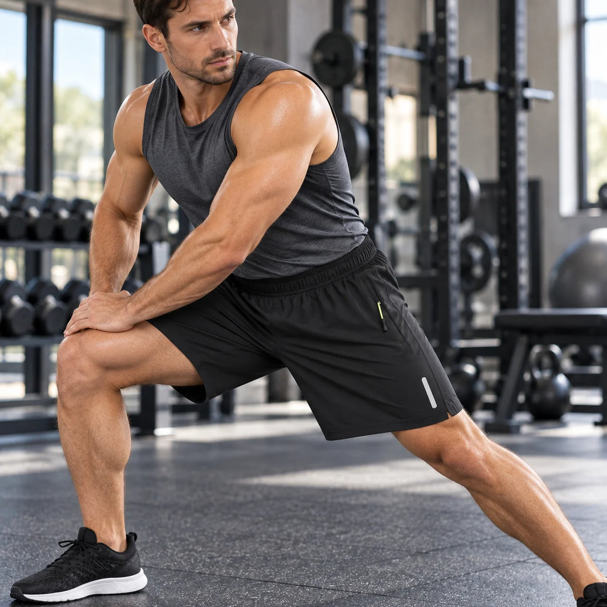 Men's Quick Dry Athletic Shorts 2-Pack Lightweight Gym Running Shorts/with Zipper Pockets & Reflective Strips Breathable Workout Sweat