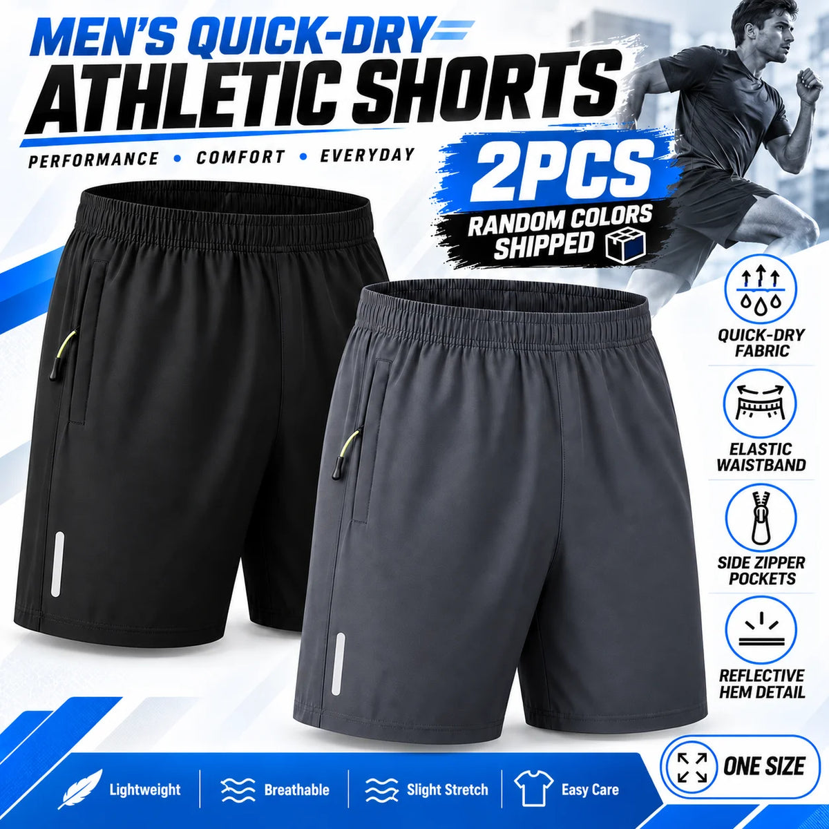 Men's Quick Dry Athletic Shorts 2-Pack Lightweight Gym Running Shorts/with Zipper Pockets & Reflective Strips Breathable Workout Sweat
