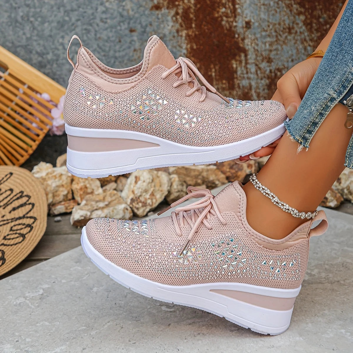 Water Diamond Thick Sole Casual Sports Women's Shoes/with Flowing Fabric Surface Breathable and Versatile Height Increasing Shoes