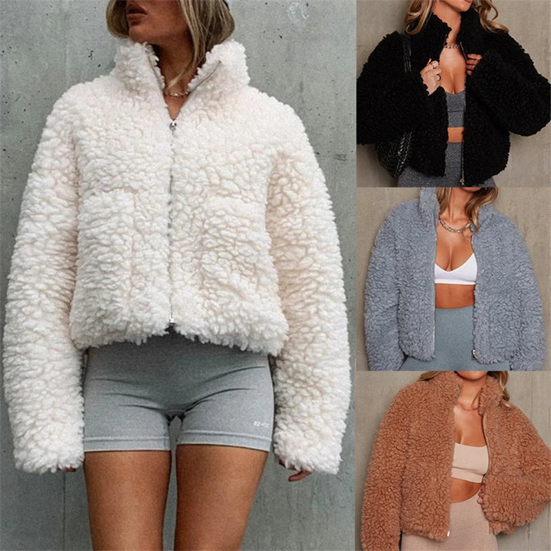 Winter Lamb Wool Short Coat For Women Thicken Warm Long Sleeve/Turtleneck Jackets Autumn Fashion Streetwear Ladies Overcoat