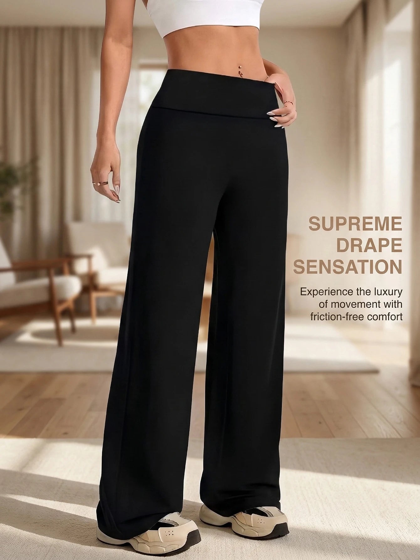 Women's high-waisted drawstring straight-leg pants black hip-lifting/and waist-cinching, versatile loose wide-leg pants.