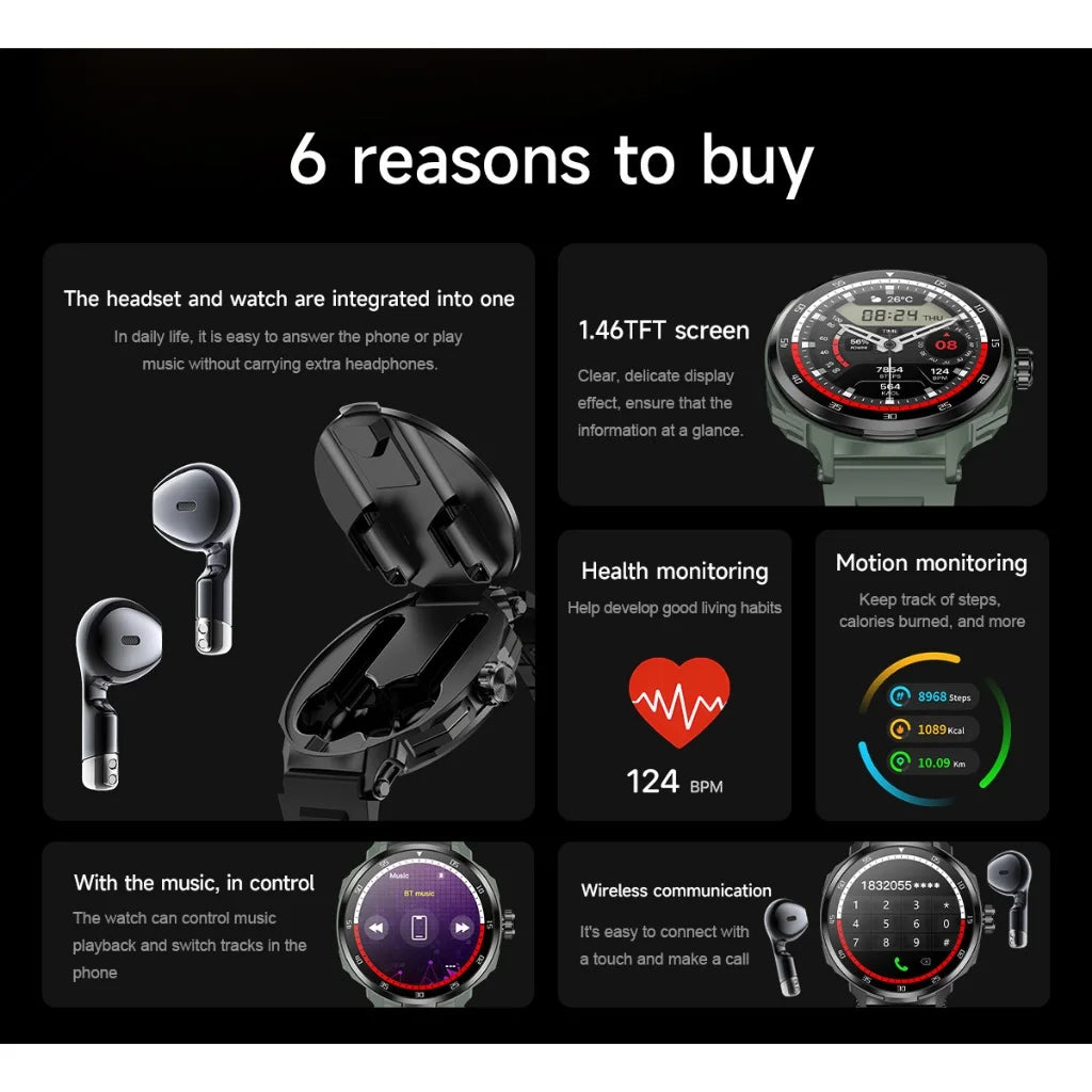 Headset Smart Watch Men TWS 2 in 1 Wireless Bluetooth Call Earphone/NFC Blood Pressure Heart Rate Health Sport Smartwatch