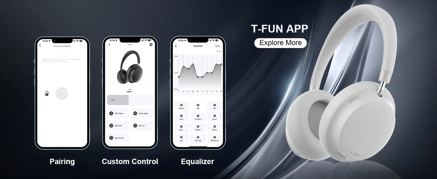 APP T-fun NC45 Bluetooth Active Noise Cancelling Headphones/Comfortable Wireless Over Ear Headphones with Mic, Hi-Res Audio,