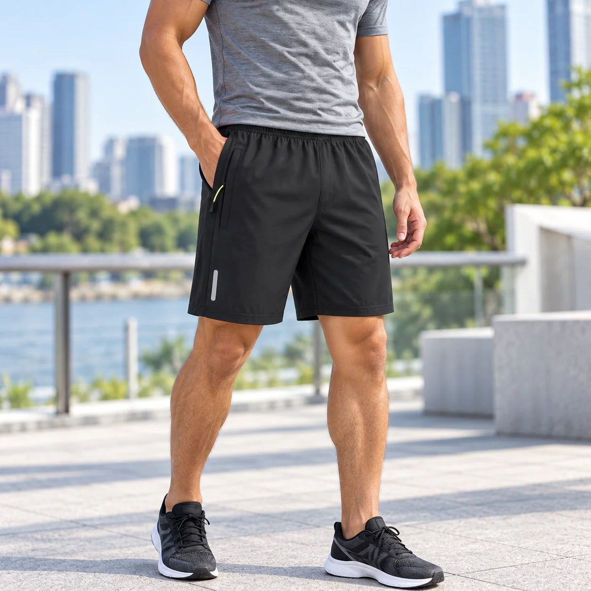 Men's Quick Dry Athletic Shorts 2-Pack Lightweight Gym Running Shorts/with Zipper Pockets & Reflective Strips Breathable Workout Sweat