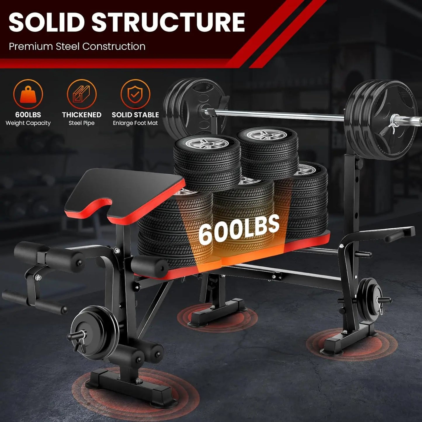 6 in 1 660lbs Weight Bench Set with Squat Rack Bench Press Set/with Barbell Rack Adjustable Incline Strength Training Workout