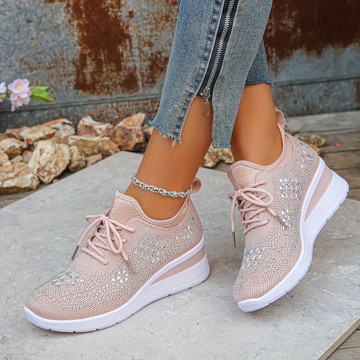 Water Diamond Thick Sole Casual Sports Women's Shoes/with Flowing Fabric Surface Breathable and Versatile Height Increasing Shoes