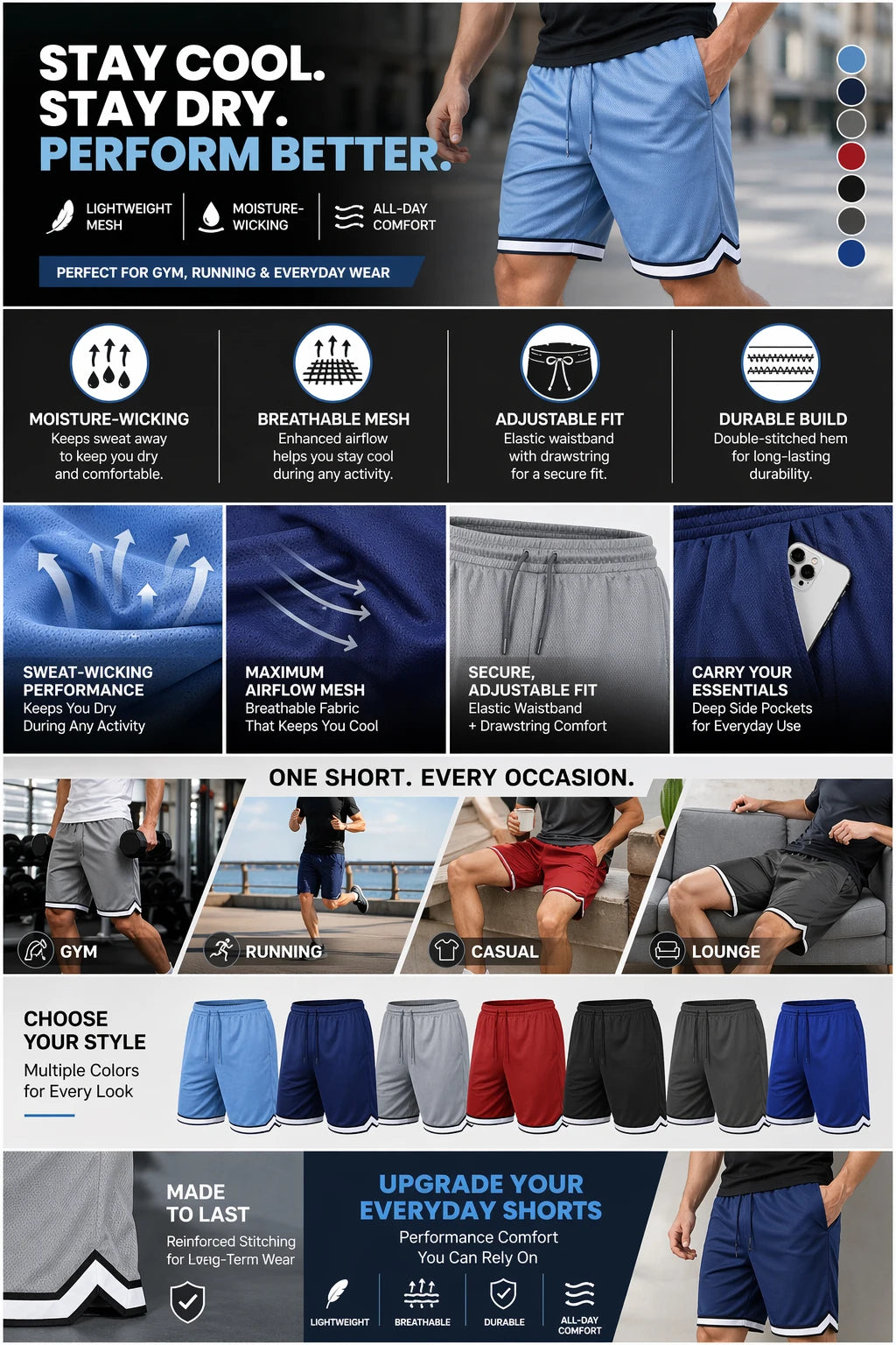 Men's Lightweight Breathable Moisture Wicking/Mesh Athletic Shorts with Pockets