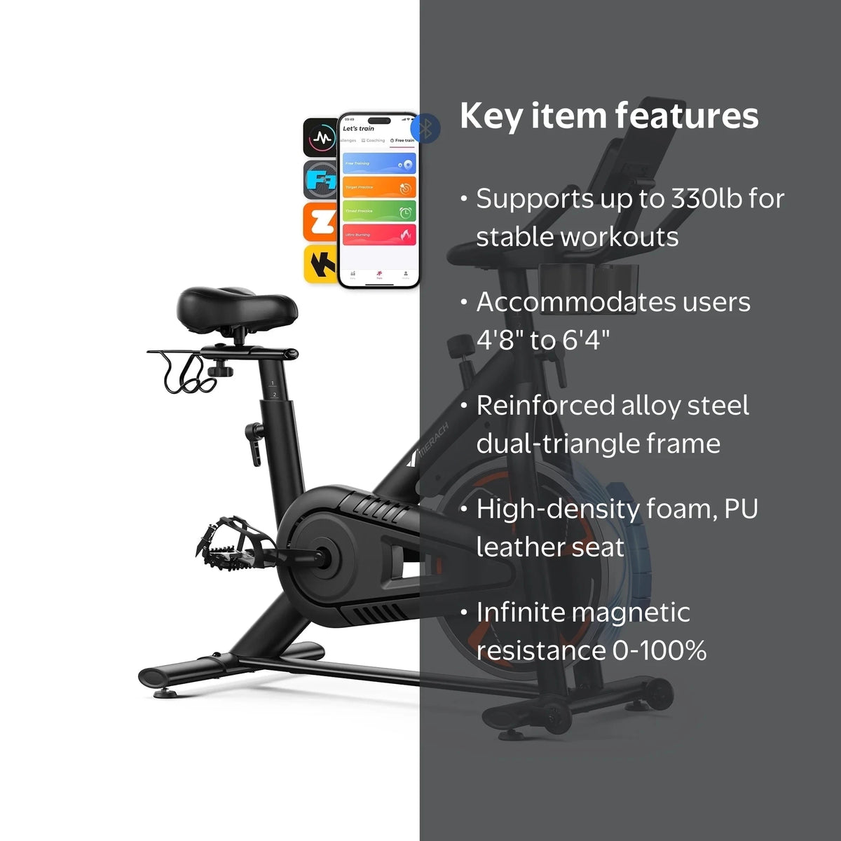 Merach Magnetic Exercise Bike No Plug Needed Low Noise Stationary/with Comfortable Seat Cushion Spinning Bike 330 lb Weight Capacity