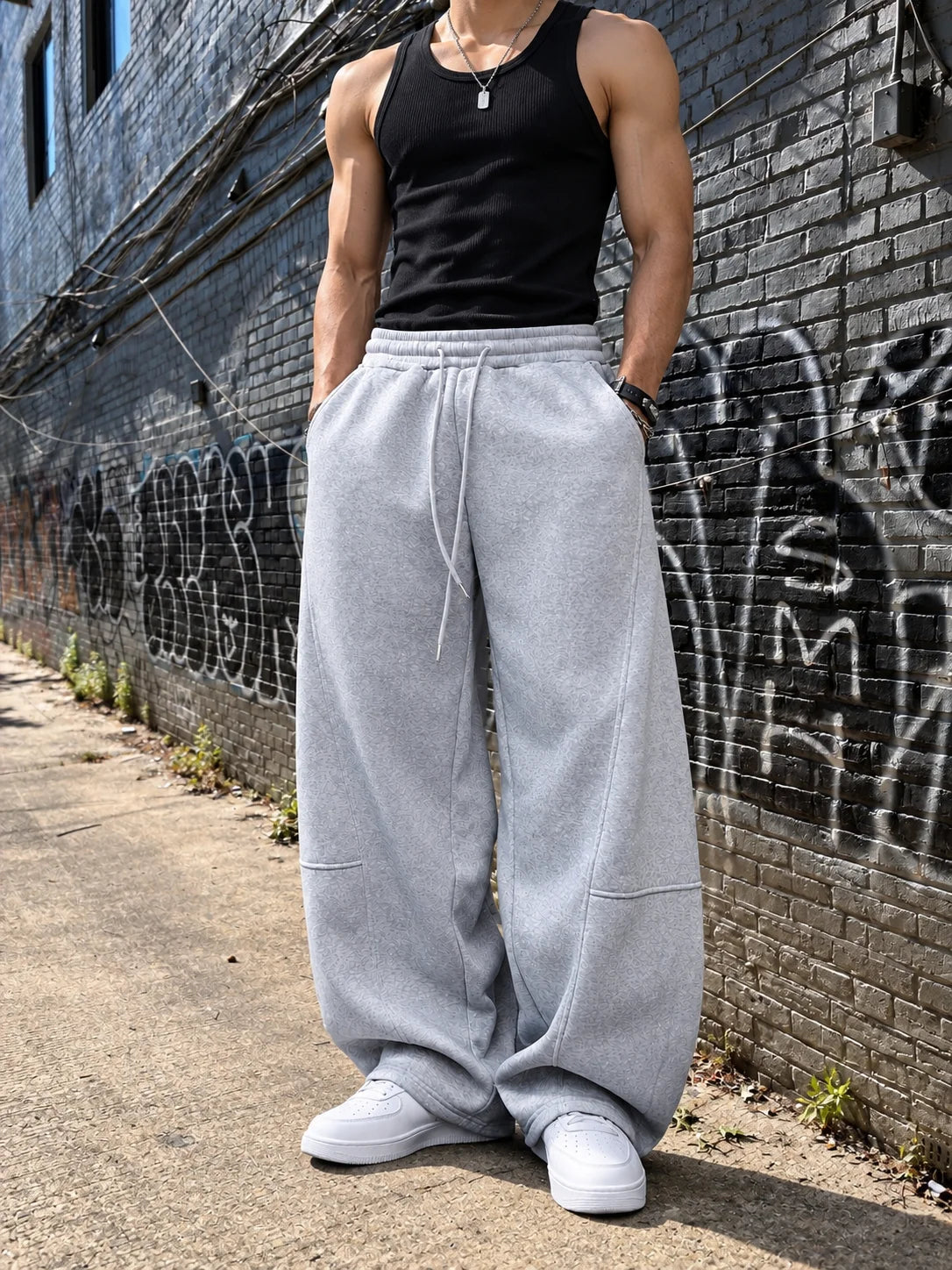 1Pcs Men's Loose Wide Leg Pants Drawstring Waistband Design/Solid Color Loose Sports Pants High-End Casual Sports Pants