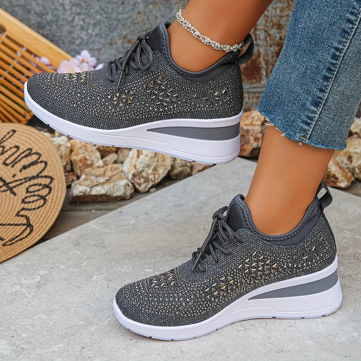 Water Diamond Thick Sole Casual Sports Women's Shoes/with Flowing Fabric Surface Breathable and Versatile Height Increasing Shoes