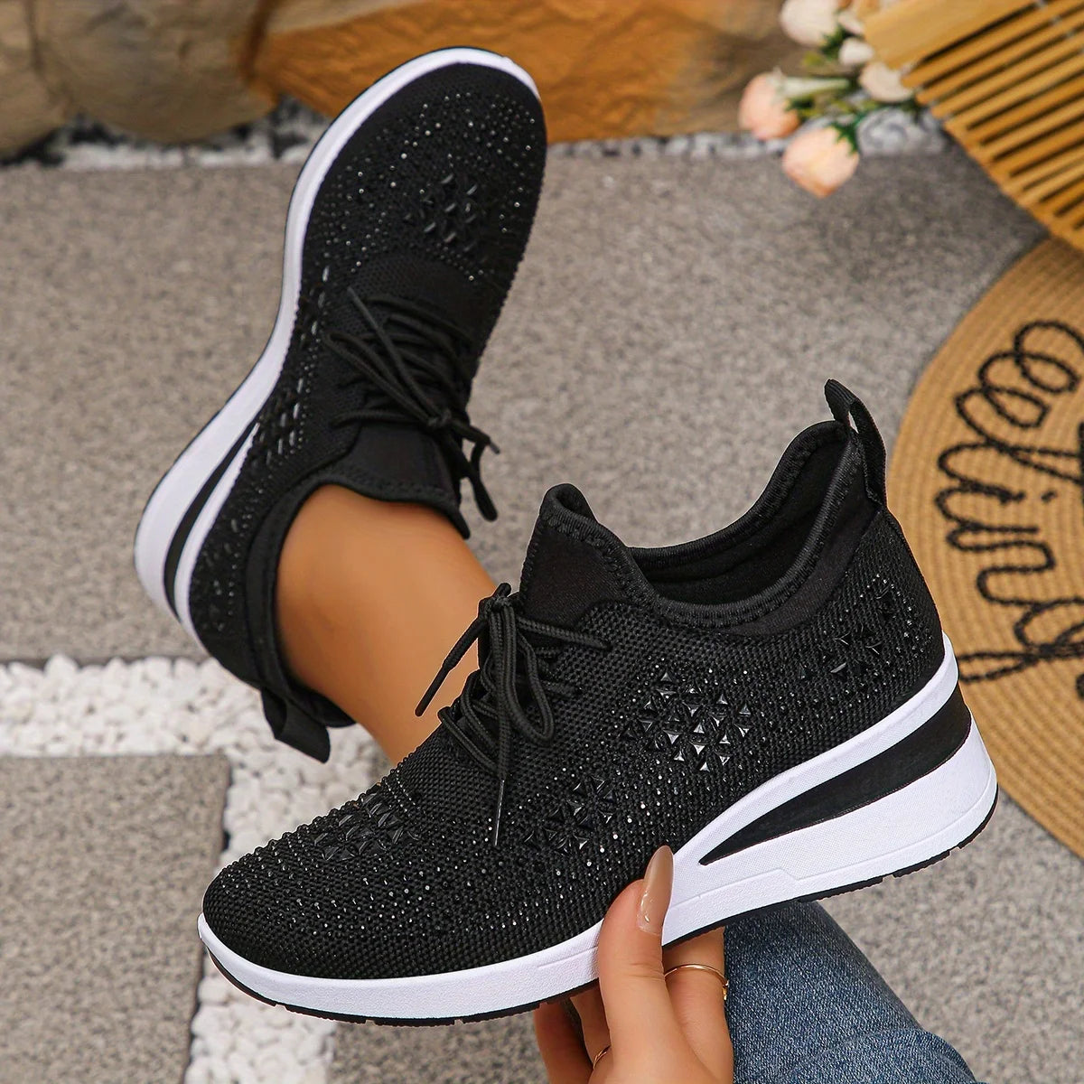 Water Diamond Thick Sole Casual Sports Women's Shoes/with Flowing Fabric Surface Breathable and Versatile Height Increasing Shoes