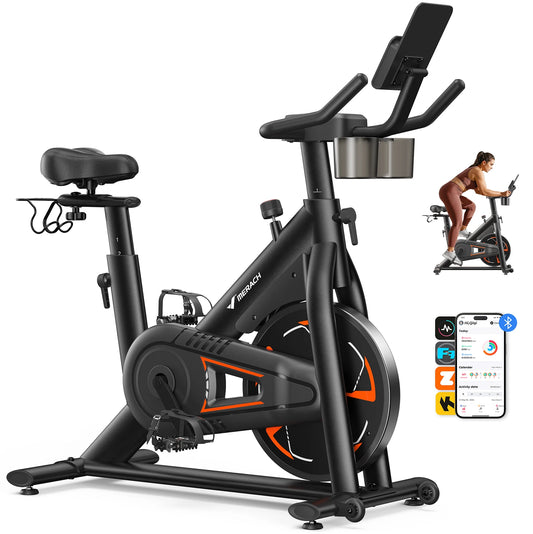 Merach Magnetic Exercise Bike No Plug Needed Low Noise Stationary/with Comfortable Seat Cushion Spinning Bike 330 lb Weight Capacity