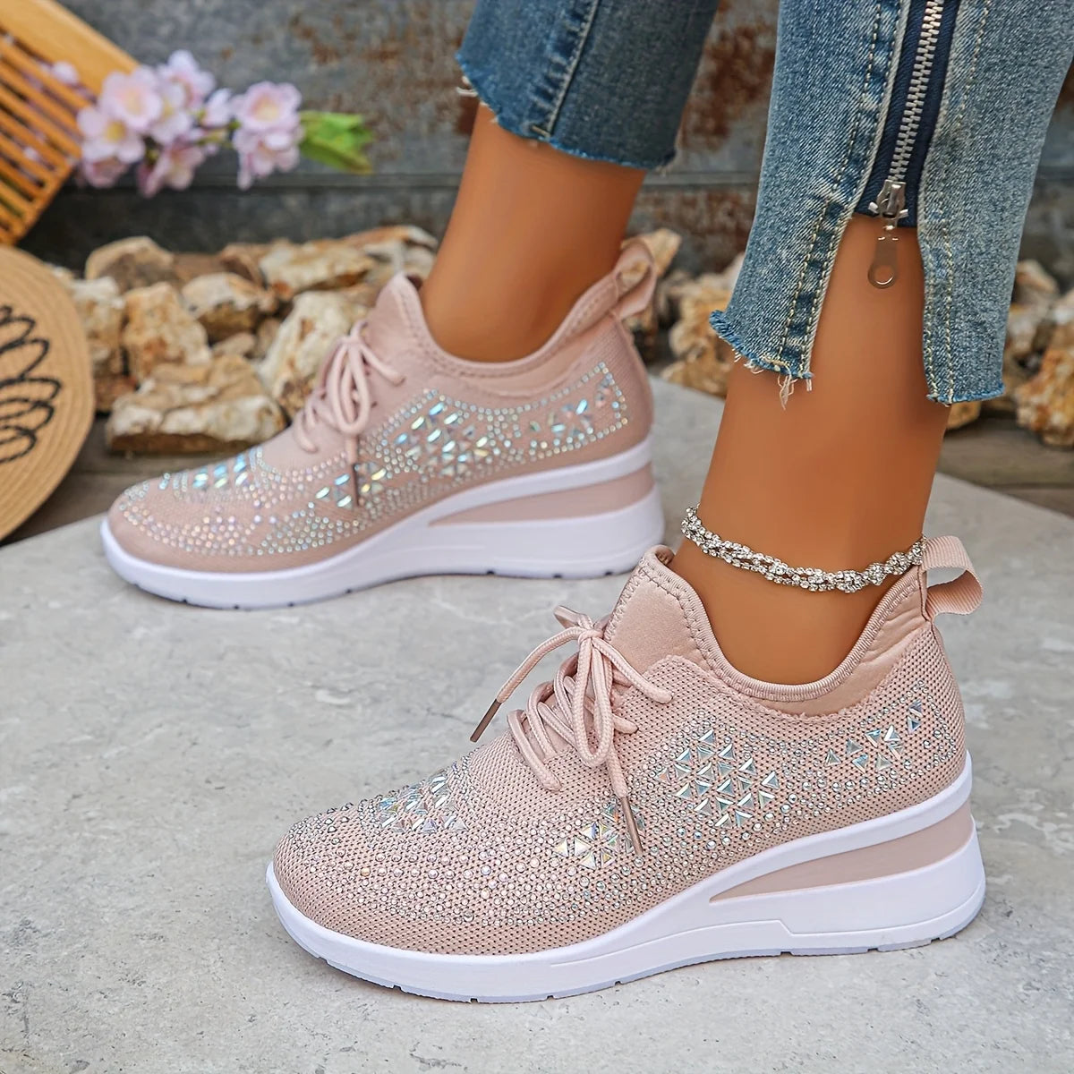 Water Diamond Thick Sole Casual Sports Women's Shoes/with Flowing Fabric Surface Breathable and Versatile Height Increasing Shoes
