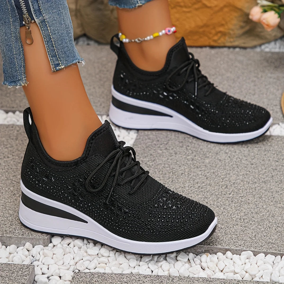 Water Diamond Thick Sole Casual Sports Women's Shoes/with Flowing Fabric Surface Breathable and Versatile Height Increasing Shoes
