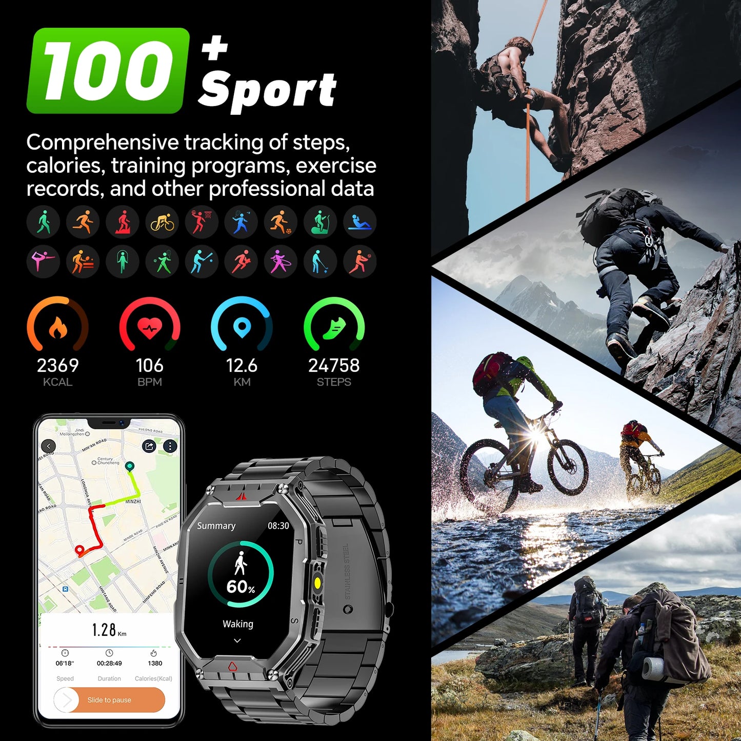 2026 Fashion 2.1 Inch AMOLED Smart Watch Men Bluetooth Call/107 Sports Mode GPS Trajectory Heart Rate Blood Pressure Oxygen Monitor