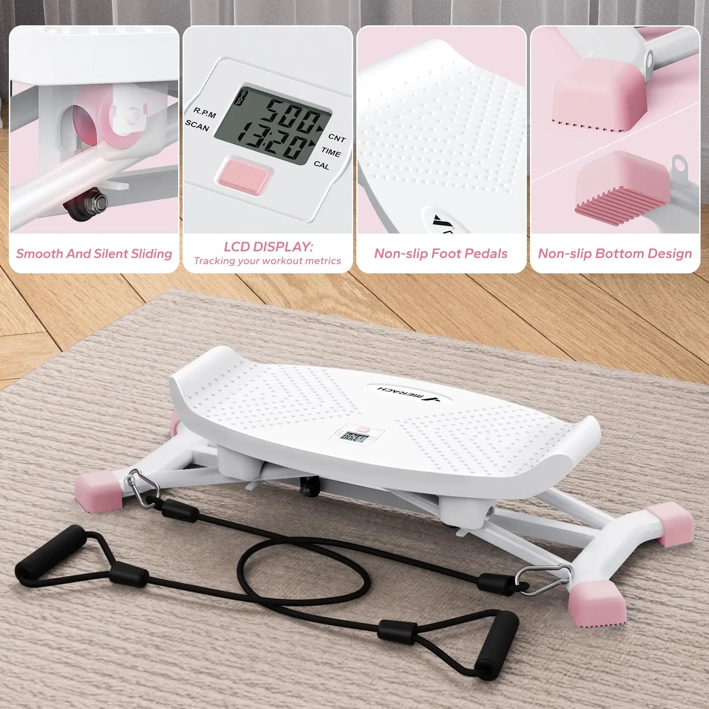 MERACH Mini Stepper Rocking Exercise Machine Balance Board/With Resistance Bands Quiet Fitness Pedal Trainer Lcd Monitor