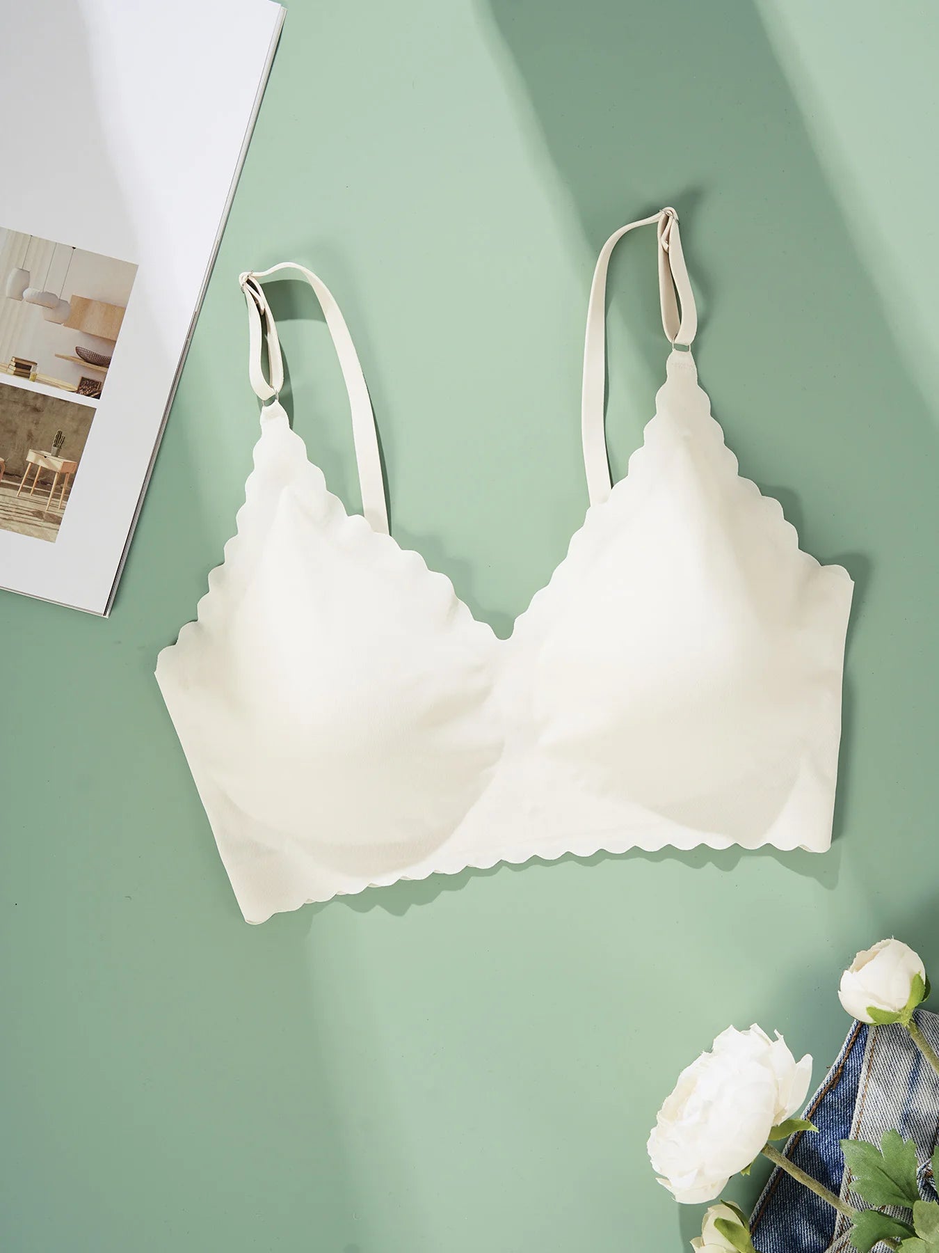 5pcs Floral Wavy Backless Push-Up Bra Deep V U-Shape Adjustable Straps Seamless Wireless Padded Lift Comfy Smoothing