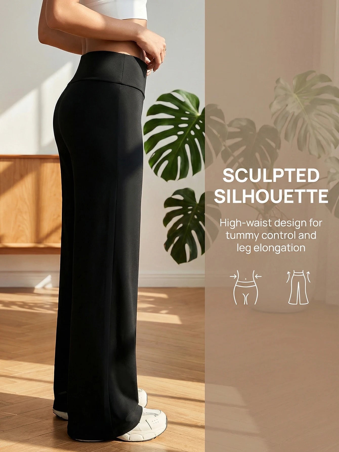 Women's high-waisted drawstring straight-leg pants black hip-lifting/and waist-cinching, versatile loose wide-leg pants.
