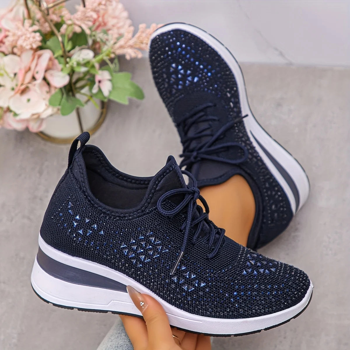 Water Diamond Thick Sole Casual Sports Women's Shoes/with Flowing Fabric Surface Breathable and Versatile Height Increasing Shoes