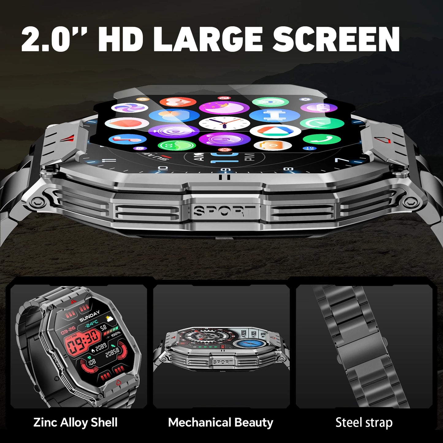2026 Fashion 2.1 Inch AMOLED Smart Watch Men Bluetooth Call/107 Sports Mode GPS Trajectory Heart Rate Blood Pressure Oxygen Monitor