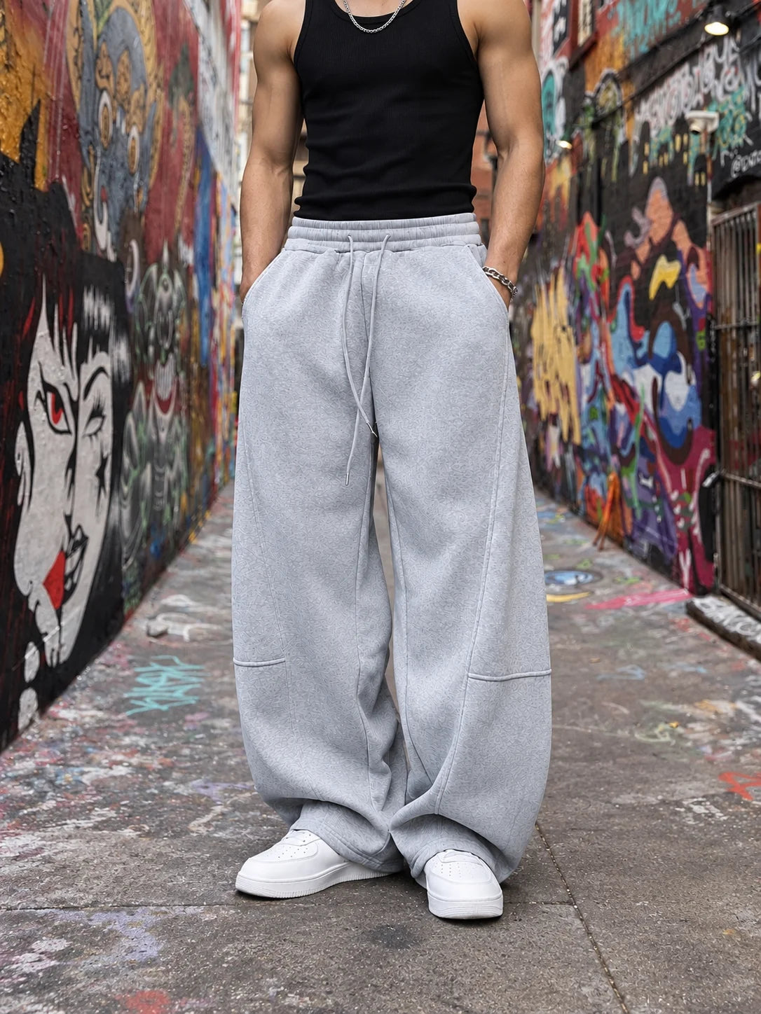 1Pcs Men's Loose Wide Leg Pants Drawstring Waistband Design/Solid Color Loose Sports Pants High-End Casual Sports Pants