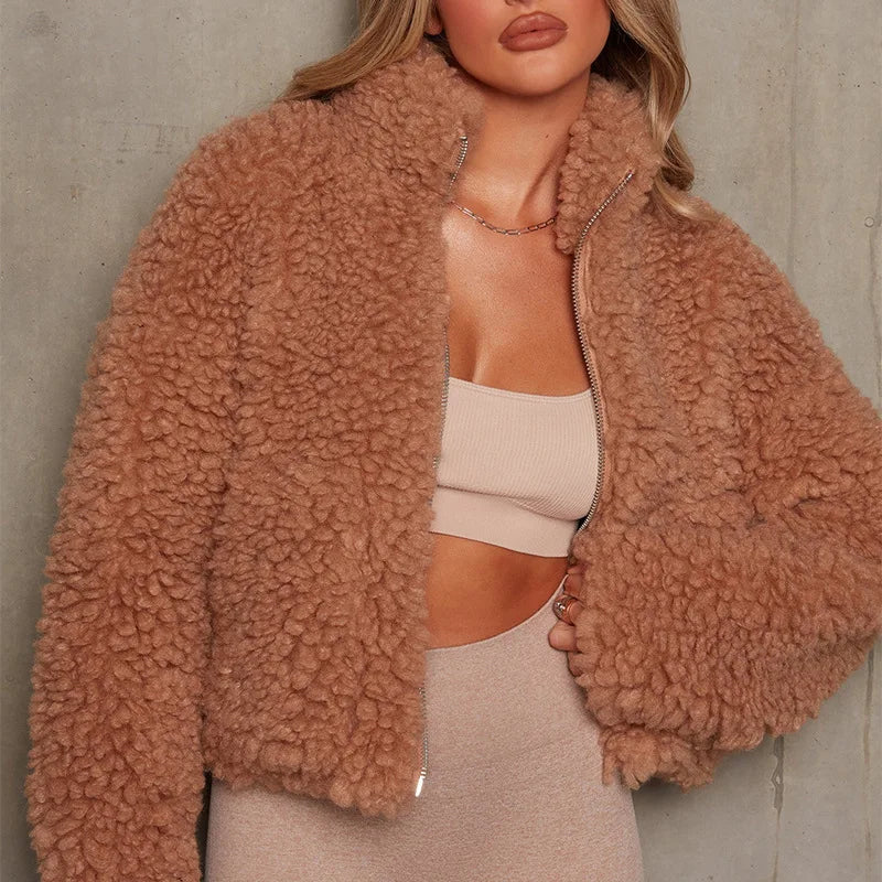 Winter Lamb Wool Short Coat For Women Thicken Warm Long Sleeve/Turtleneck Jackets Autumn Fashion Streetwear Ladies Overcoat