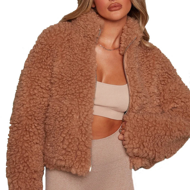 Winter Lamb Wool Short Coat For Women Thicken Warm Long Sleeve/Turtleneck Jackets Autumn Fashion Streetwear Ladies Overcoat