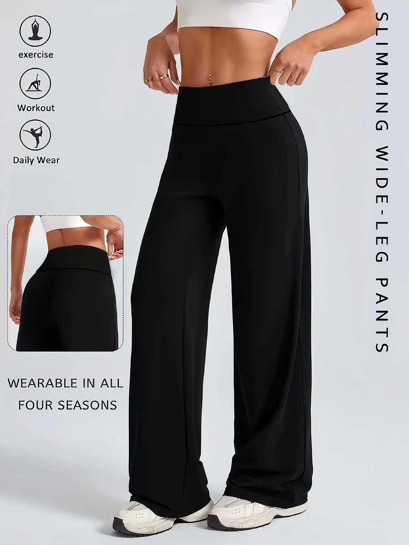 Women's high-waisted drawstring straight-leg pants black hip-lifting/and waist-cinching, versatile loose wide-leg pants.