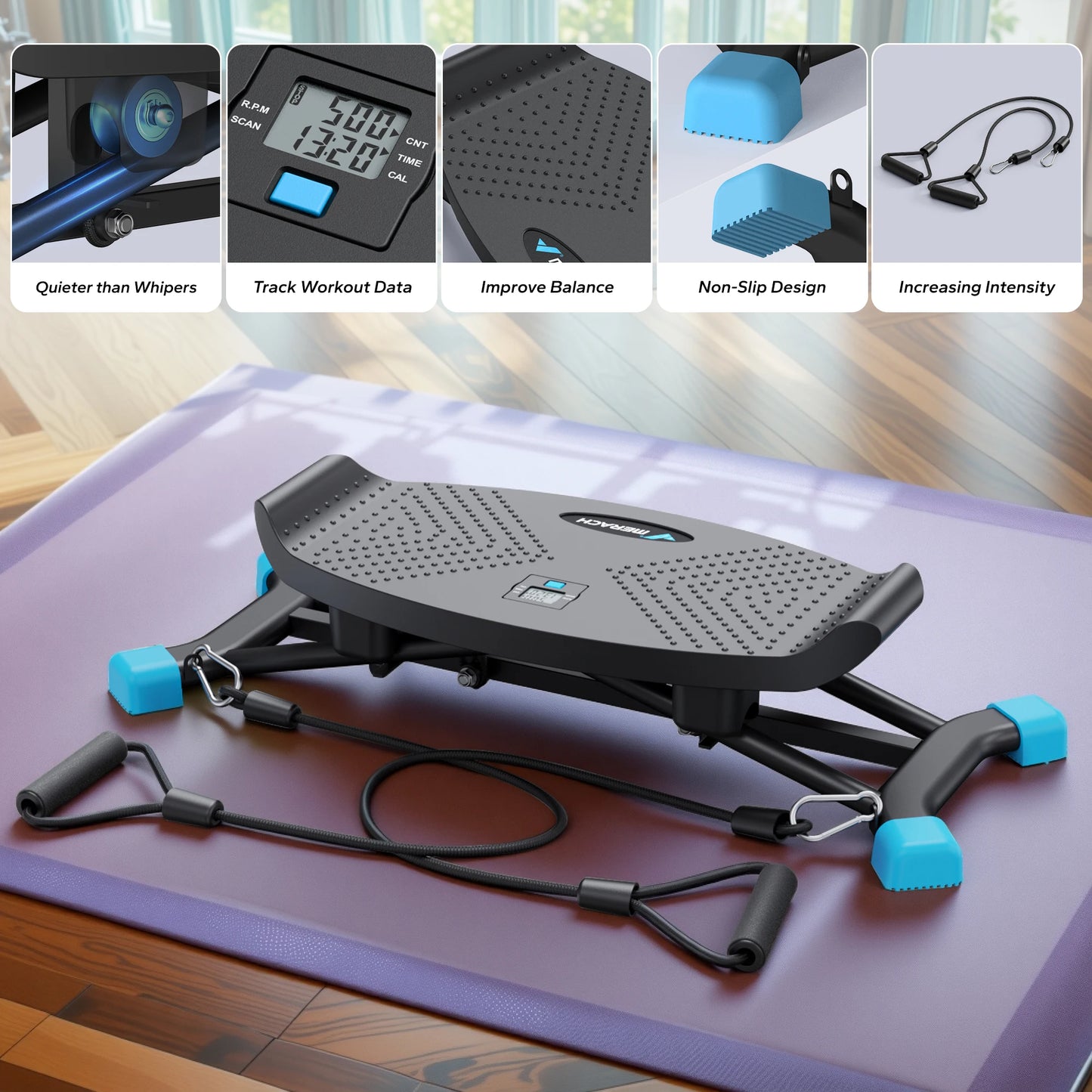MERACH Mini Stepper Rocking Exercise Machine Balance Board/With Resistance Bands Quiet Fitness Pedal Trainer Lcd Monitor