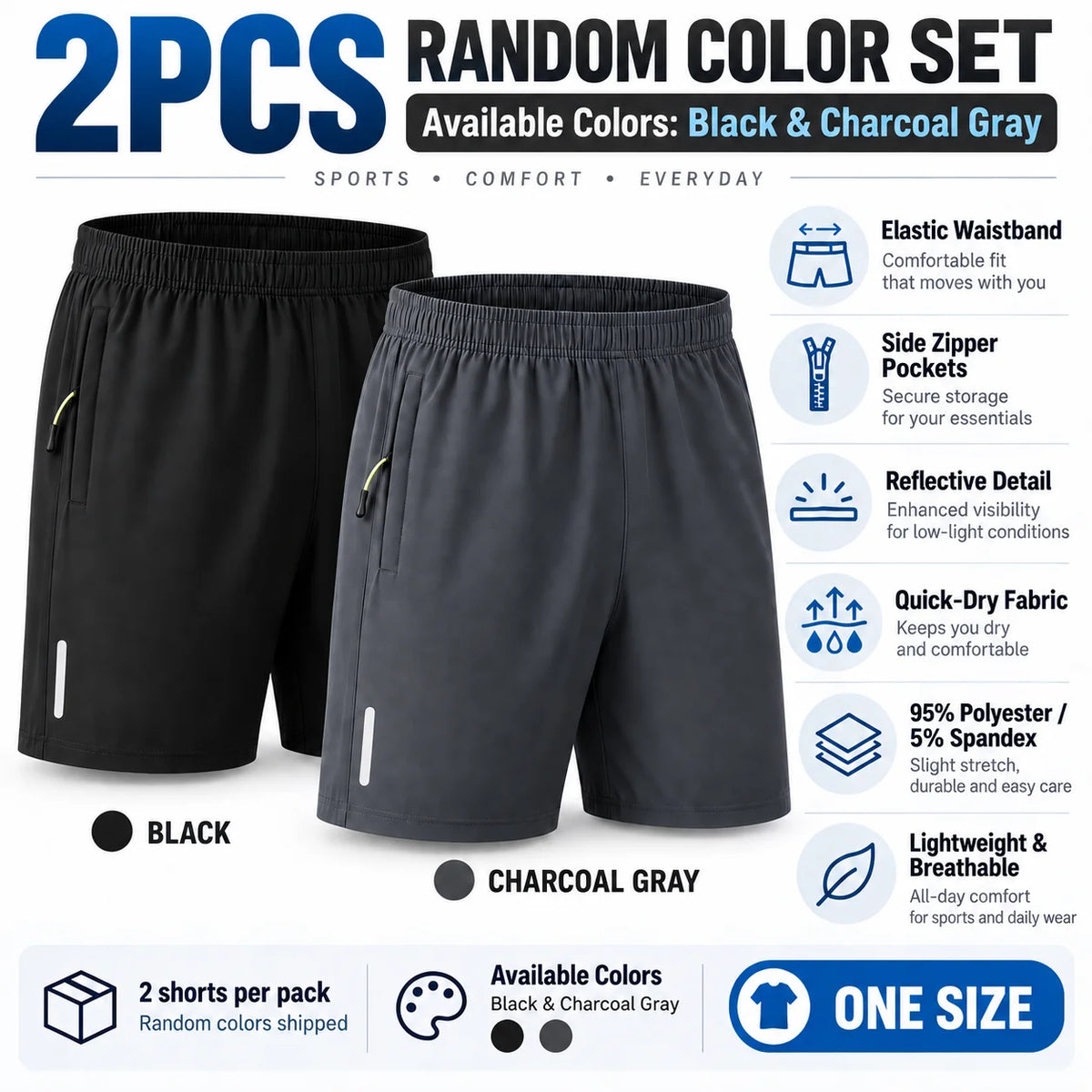 Men's Quick Dry Athletic Shorts 2-Pack Lightweight Gym Running Shorts/with Zipper Pockets & Reflective Strips Breathable Workout Sweat