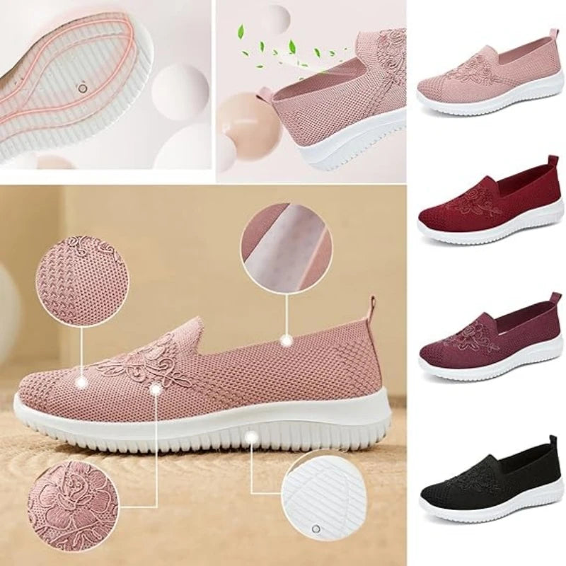 Women's Slip-On Knit Mesh Loafers Lightweight and Comfortable/Breathable Mesh Walking Shoe Casual Embroidered Flat Loafers
