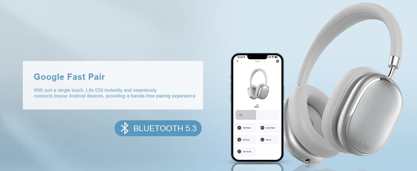 Bluetooth T-fun NC95 Hybrid Active Noise Cancelling Headphones/Built-in Mic 65H Playtime App Control Hi-Res Audio