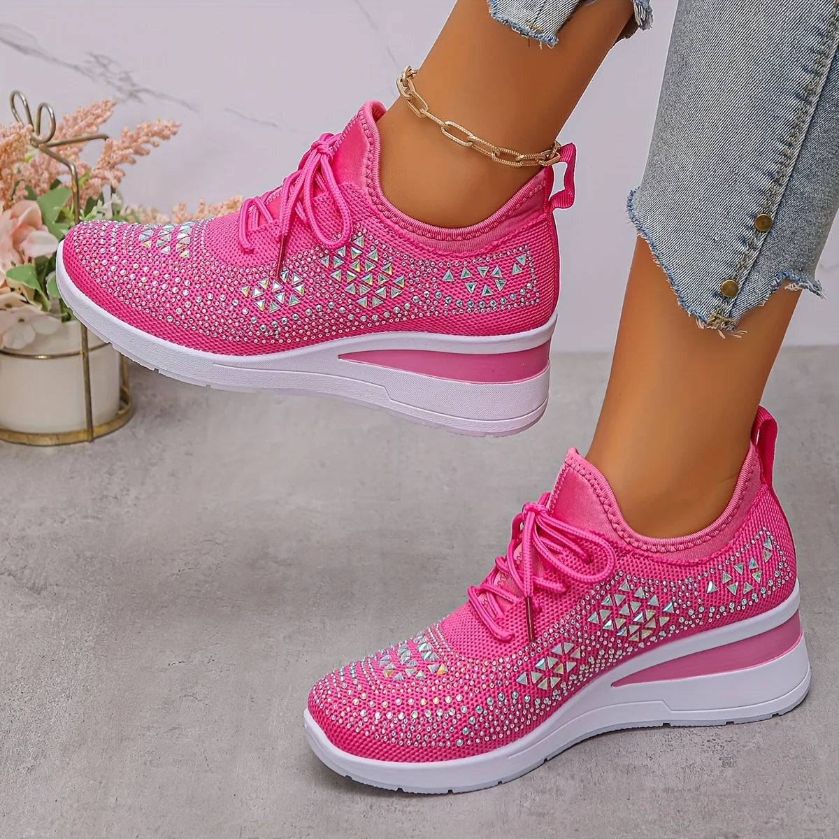 Water Diamond Thick Sole Casual Sports Women's Shoes/with Flowing Fabric Surface Breathable and Versatile Height Increasing Shoes