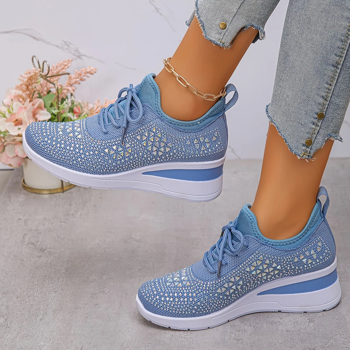Water Diamond Thick Sole Casual Sports Women's Shoes/with Flowing Fabric Surface Breathable and Versatile Height Increasing Shoes